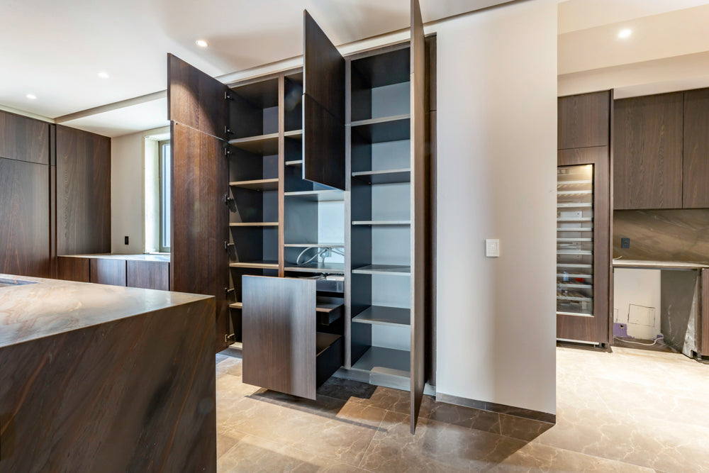 minotticucine Modern Classic Dark Brown Kitchen with Stone Countertops and Gaggenau Refrigerators