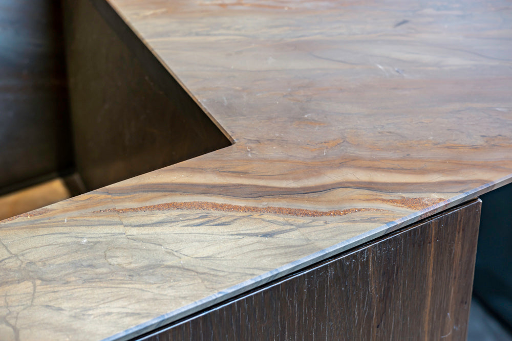 minotticucine Modern Classic Dark Brown Kitchen with Stone Countertops and Gaggenau Refrigerators