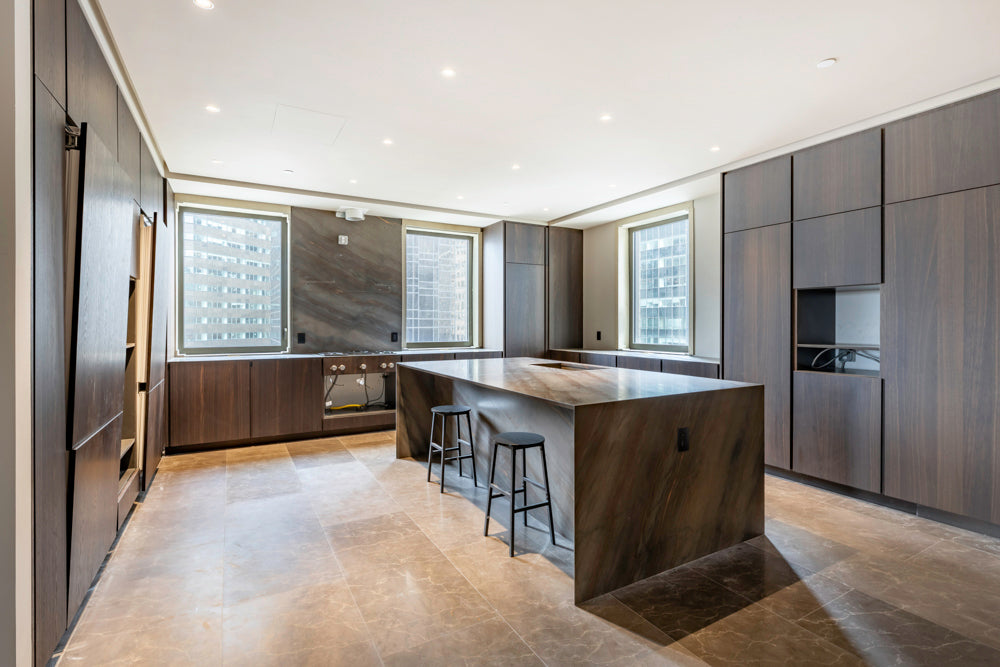 minotticucine Modern Classic Dark Brown Kitchen with Stone Countertops and Gaggenau Refrigerators