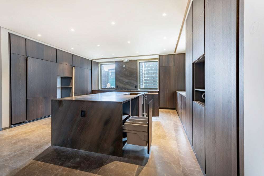 minotticucine Modern Classic Dark Brown Kitchen with Stone Countertops and Gaggenau Refrigerators