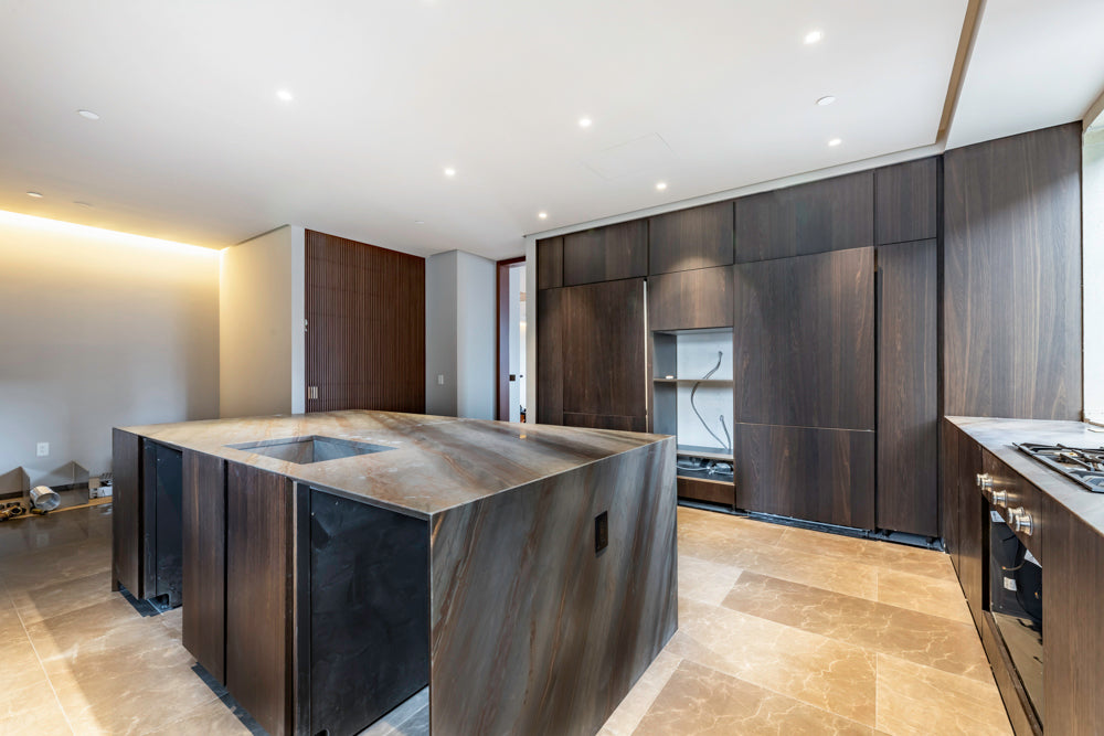 minotticucine Modern Classic Dark Brown Kitchen with Stone Countertops and Gaggenau Refrigerators