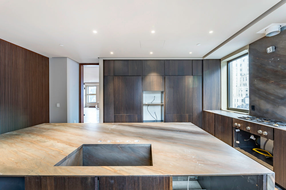 minotticucine Modern Classic Dark Brown Kitchen with Stone Countertops and Gaggenau Refrigerators