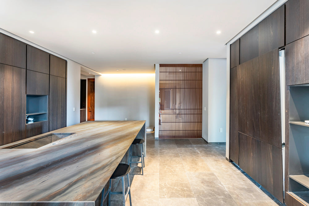 minotticucine Modern Classic Dark Brown Kitchen with Stone Countertops and Gaggenau Refrigerators