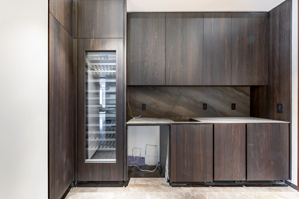 minotticucine Modern Classic Brown Butler's Pantry with Stone Countertops and Gaggenau Wine Cooler