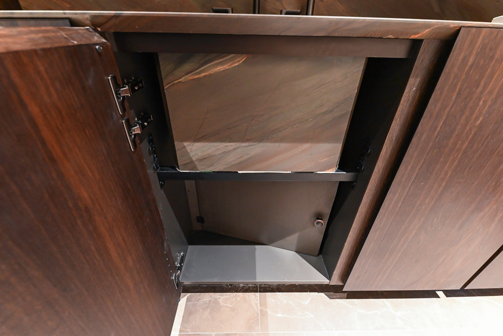 minotticucine Modern Classic Brown Butler's Pantry with Stone Countertops and Gaggenau Wine Cooler