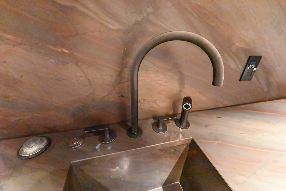 minotticucine Modern Classic Brown Butler's Pantry with Stone Countertops and Gaggenau Wine Cooler