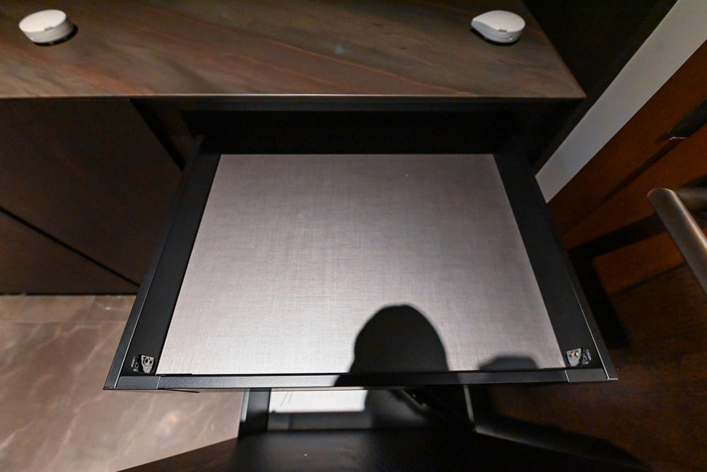 minotticucine Modern Classic Brown Butler's Pantry with Stone Countertops and Gaggenau Wine Cooler