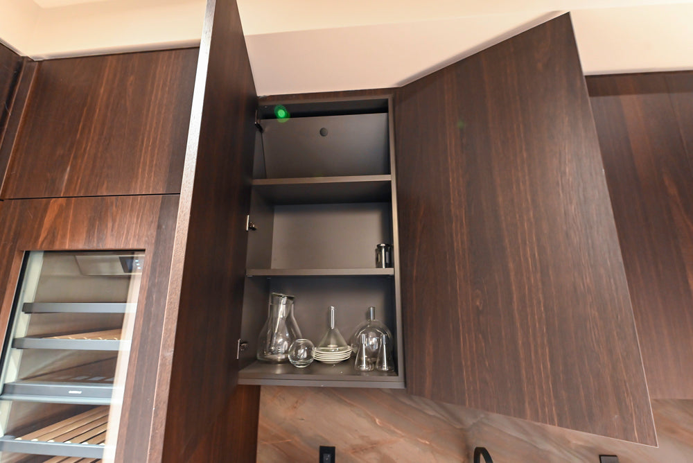 minotticucine Modern Classic Brown Butler's Pantry with Stone Countertops and Gaggenau Wine Cooler