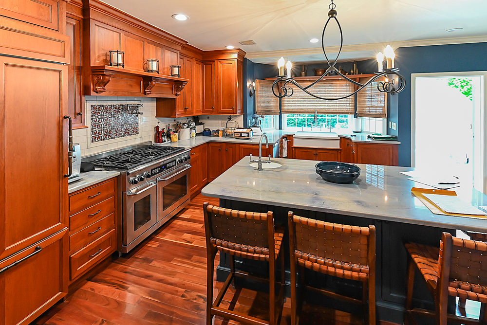 Plain & Fancy Traditional Wooden Kitchen with Island, Quartz Countertops & Appliances