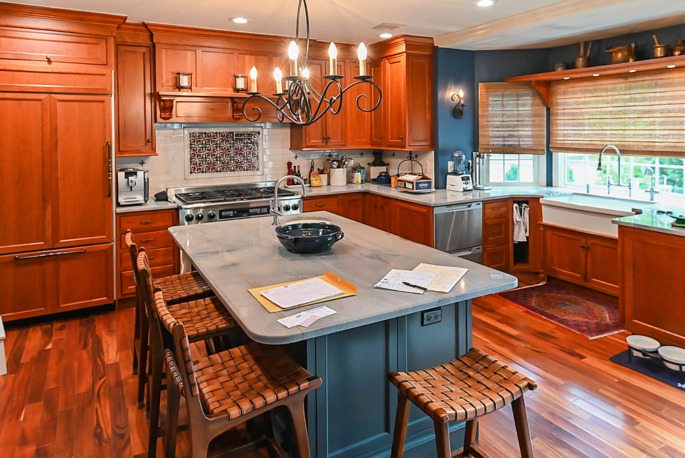 Plain & Fancy Traditional Wooden Kitchen with Island, Quartz Countertops & Appliances