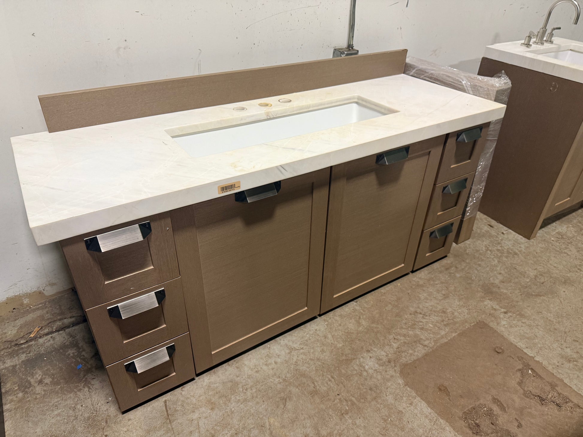 Stevali 66" Modern Natural Wood Single Vanity with White Marble Top and Sink