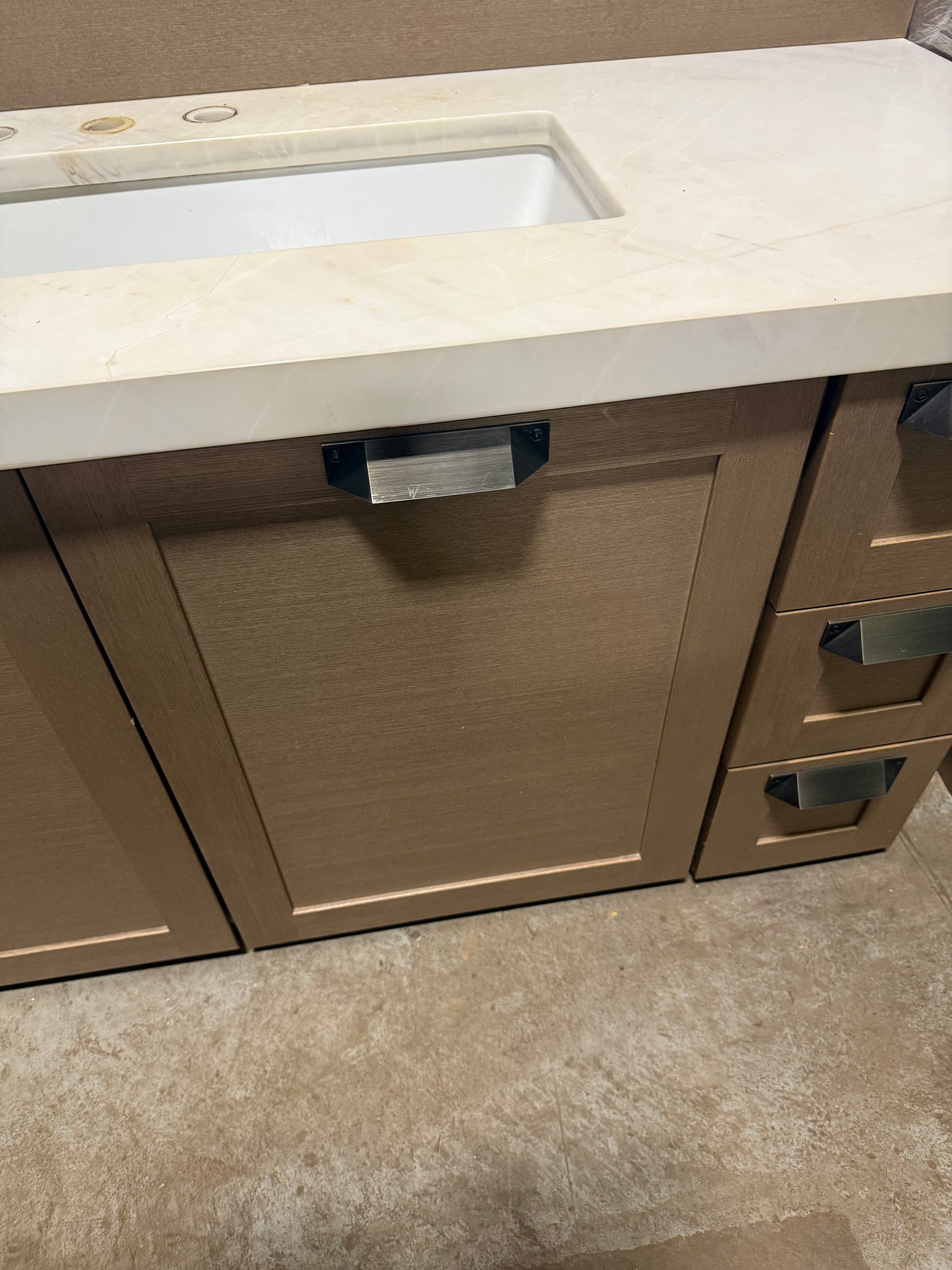 Stevali 66" Modern Natural Wood Single Vanity with White Marble Top and Sink