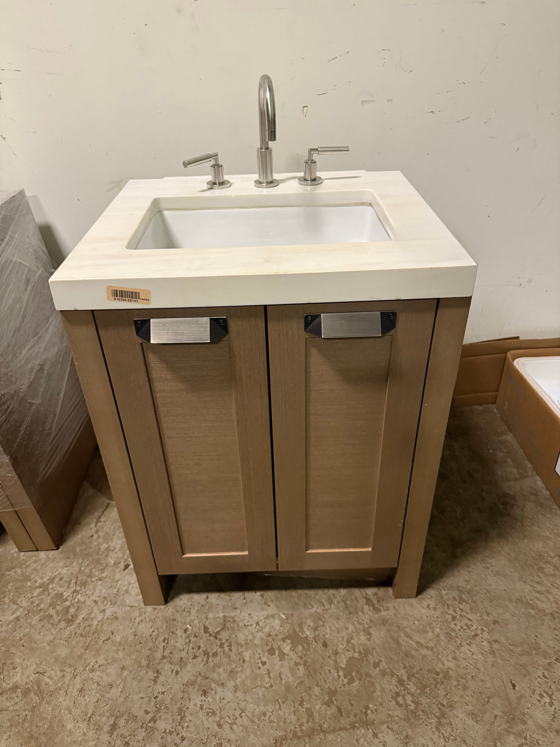 Stevali 26" Modern Natural Wood Single Vanity with White Marble Top, Sink and Faucet