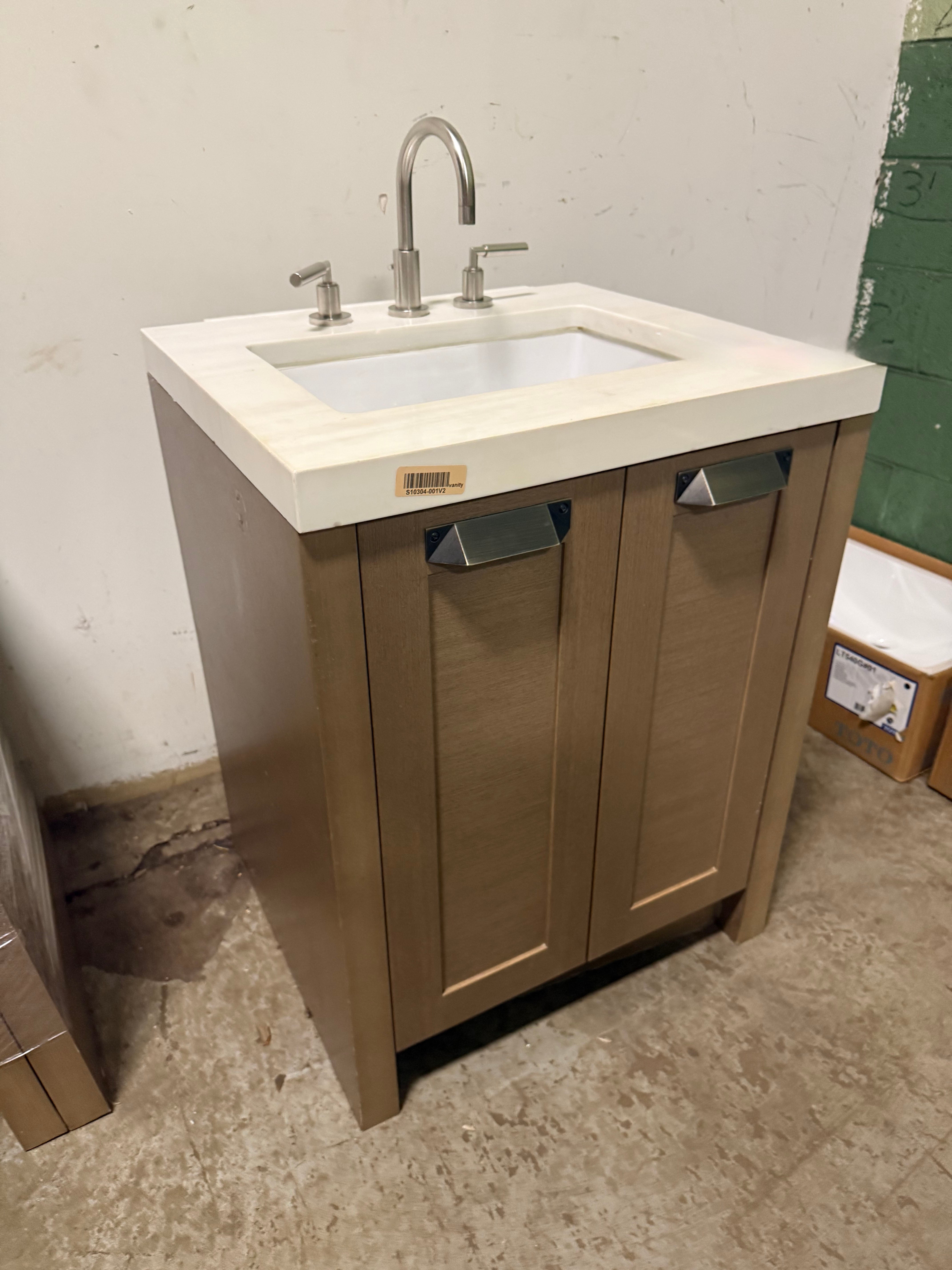 Stevali 26" Modern Natural Wood Single Vanity with White Marble Top, Sink and Faucet