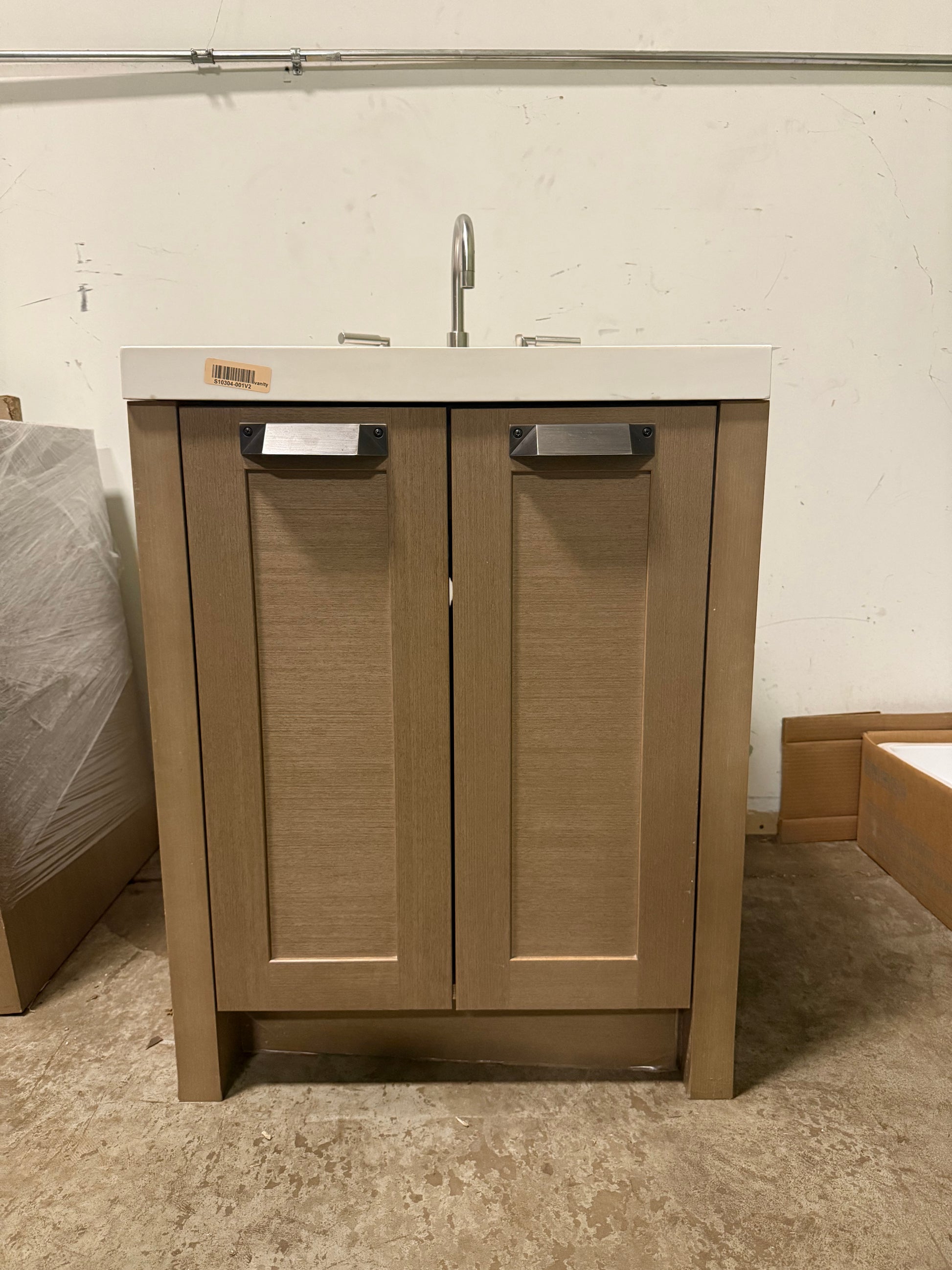 Stevali 26" Modern Natural Wood Single Vanity with White Marble Top, Sink and Faucet