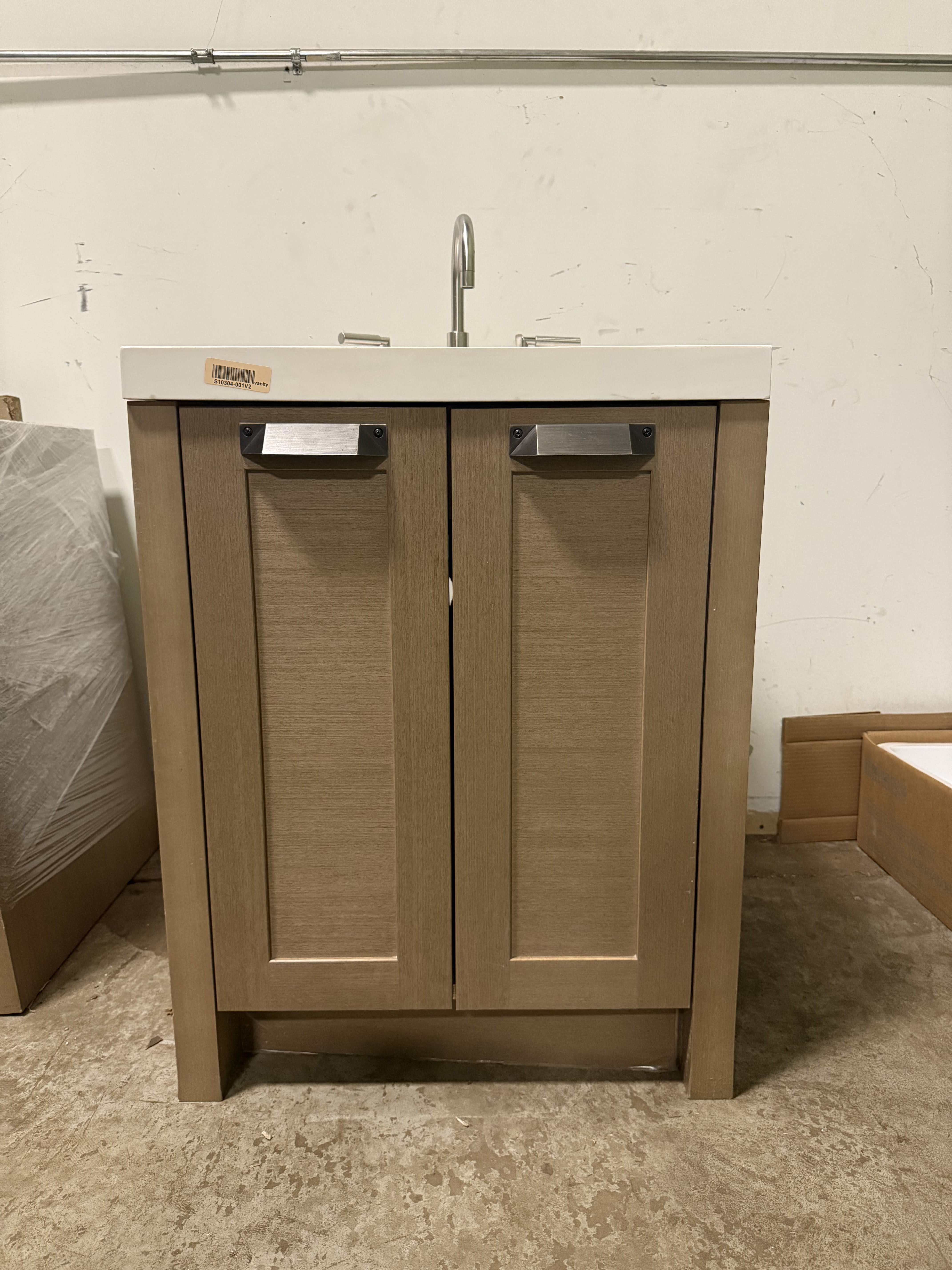 Stevali 26" Modern Natural Wood Single Vanity with White Marble Top, Sink and Faucet