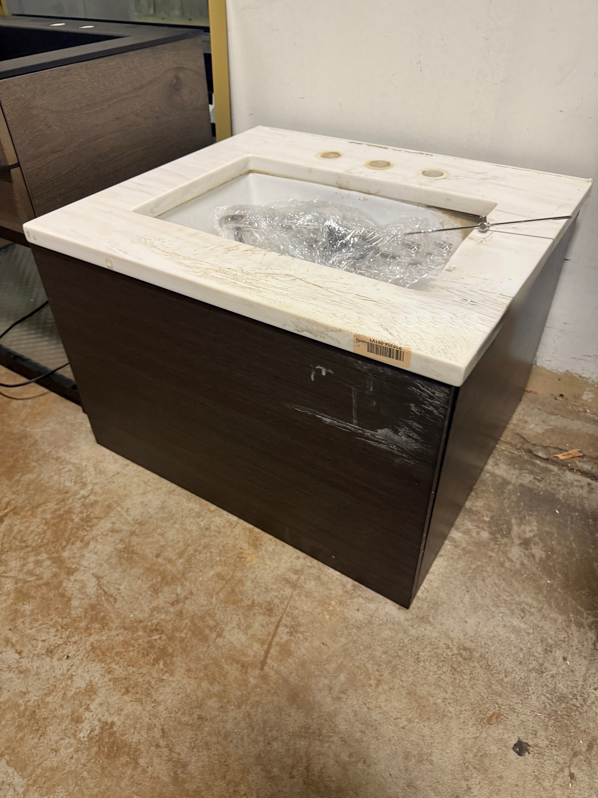 Modern 27" Dark Brown Floating Single Vanity with White Marble Top, Sink and Faucet