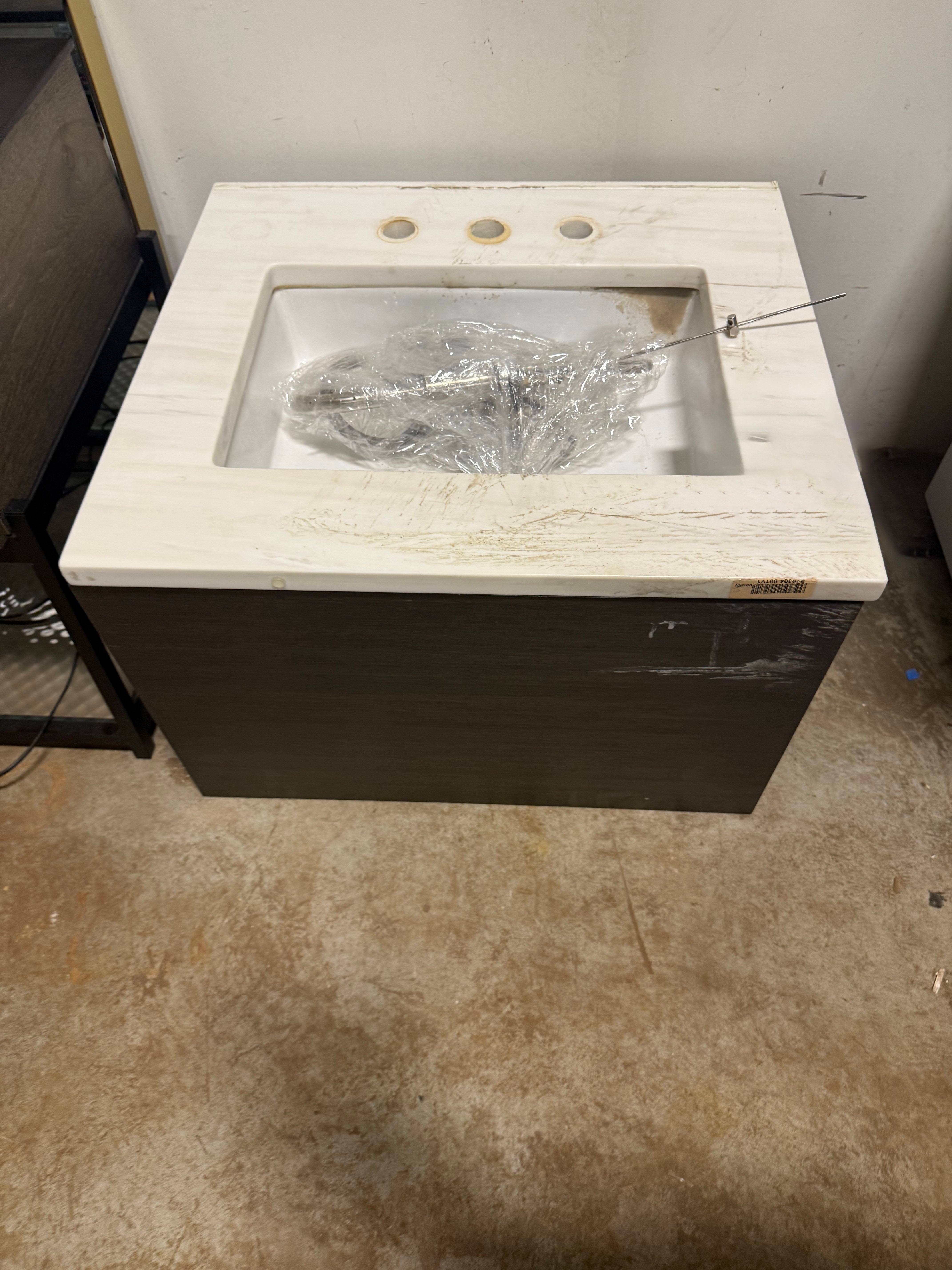 Modern 27" Dark Brown Floating Single Vanity with White Marble Top, Sink and Faucet