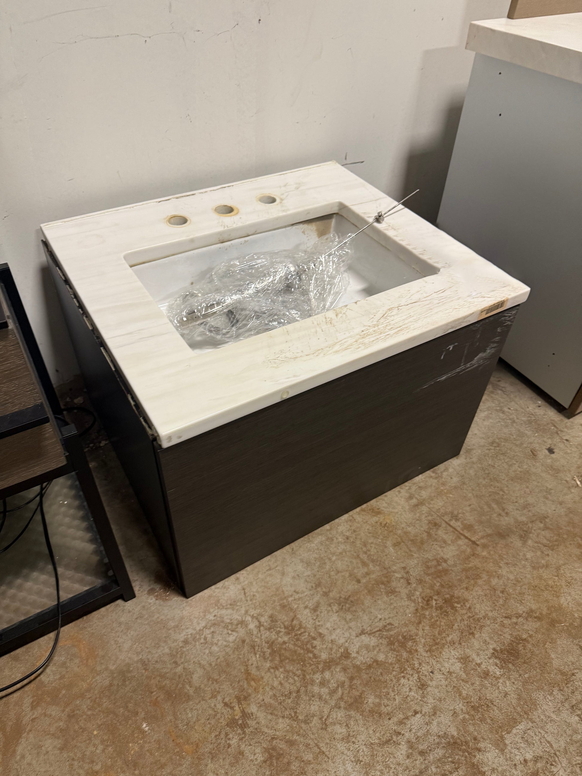 Modern 27" Dark Brown Floating Single Vanity with White Marble Top, Sink and Faucet