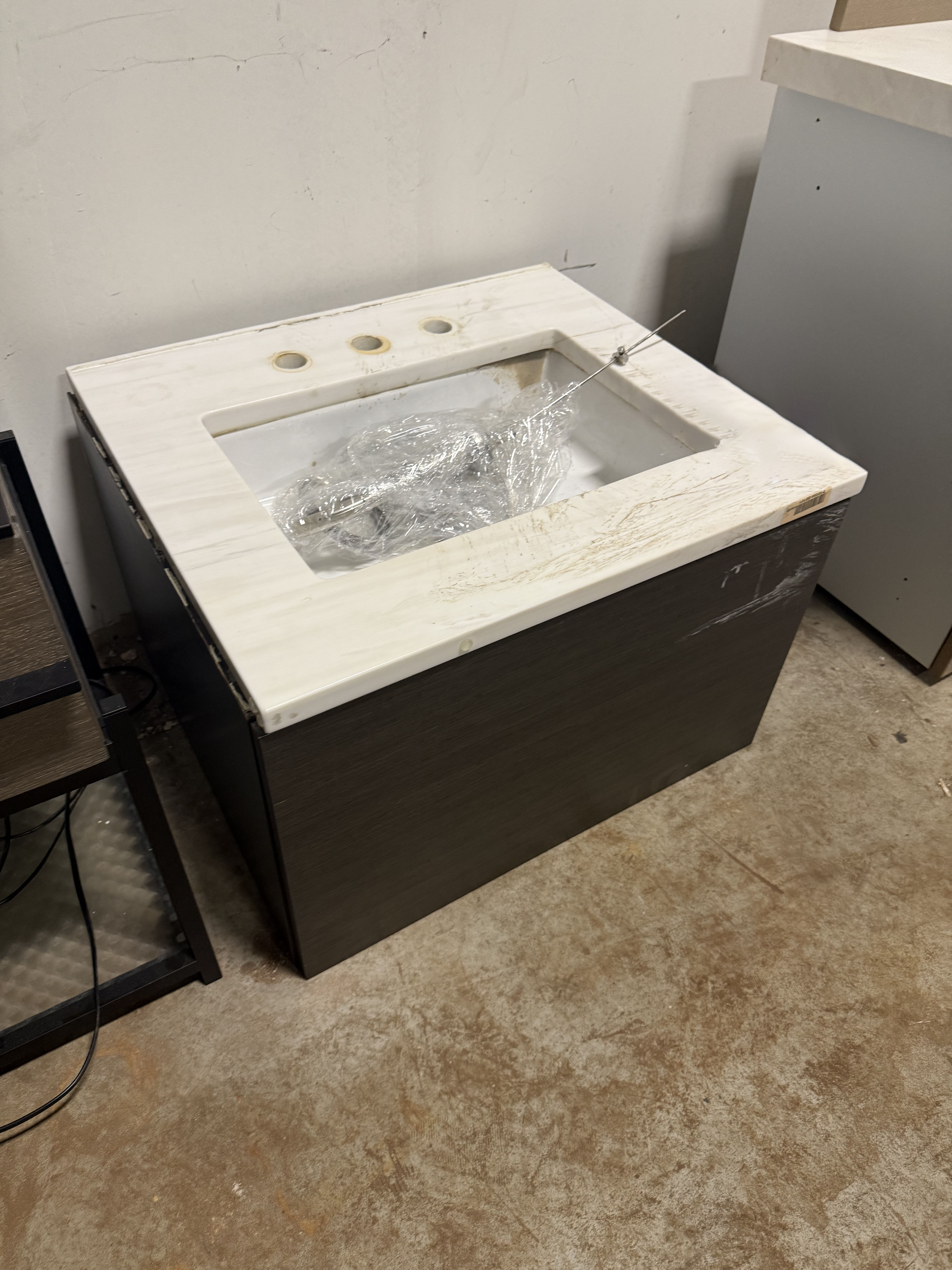 Modern 27" Dark Brown Floating Single Vanity with White Marble Top, Sink and Faucet