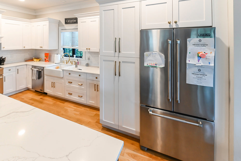 St. Martin Transitional White Kitchen with Island, White Quartz Countertops & JennAir Appliances