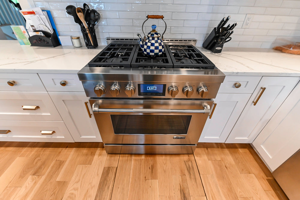 St. Martin Transitional White Kitchen with Island, White Quartz Countertops & JennAir Appliances