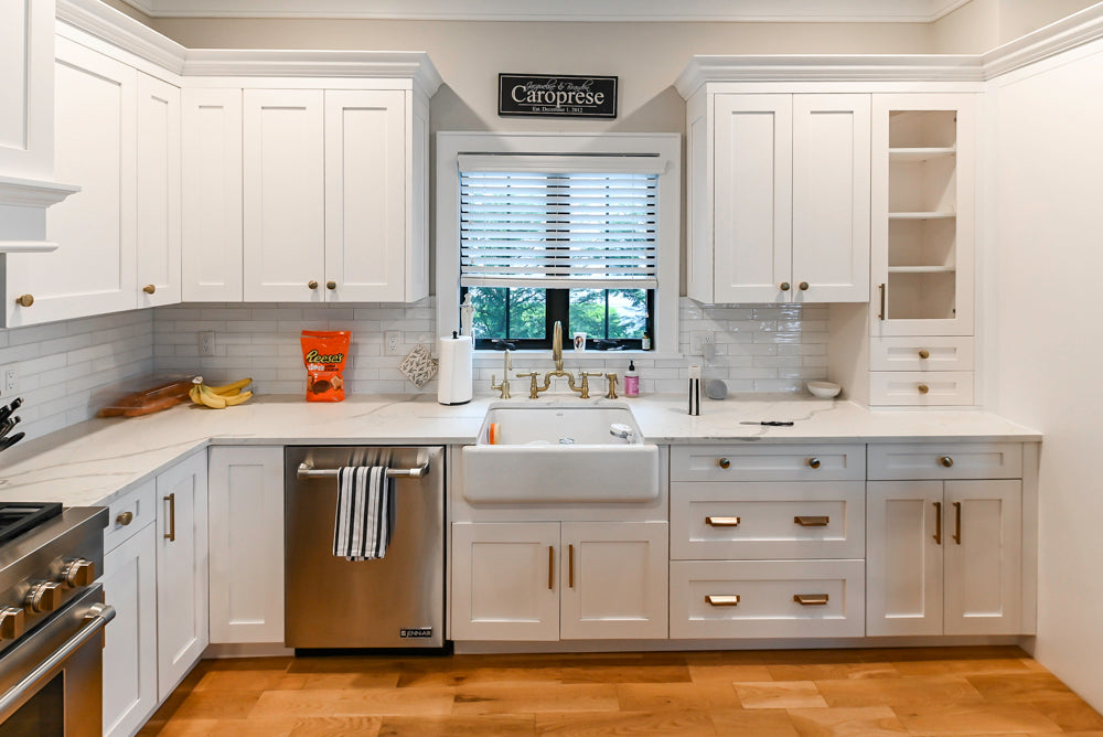 St. Martin Transitional White Kitchen with Island, White Quartz Countertops & JennAir Appliances