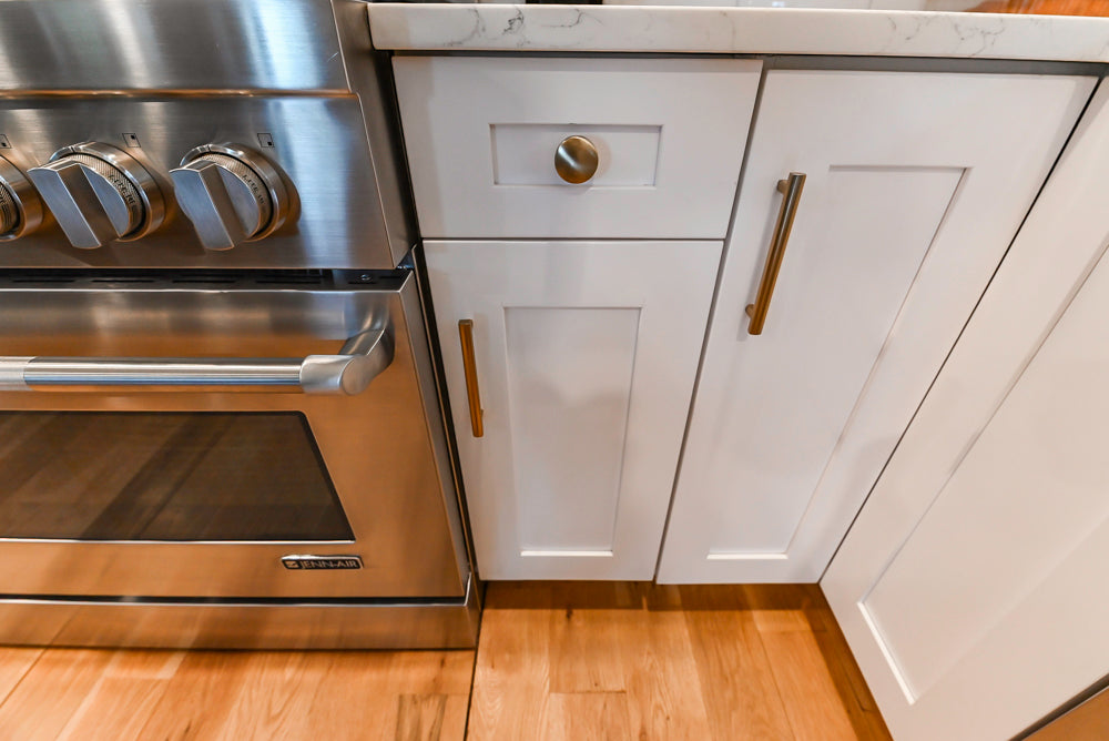 St. Martin Transitional White Kitchen with Island, White Quartz Countertops & JennAir Appliances
