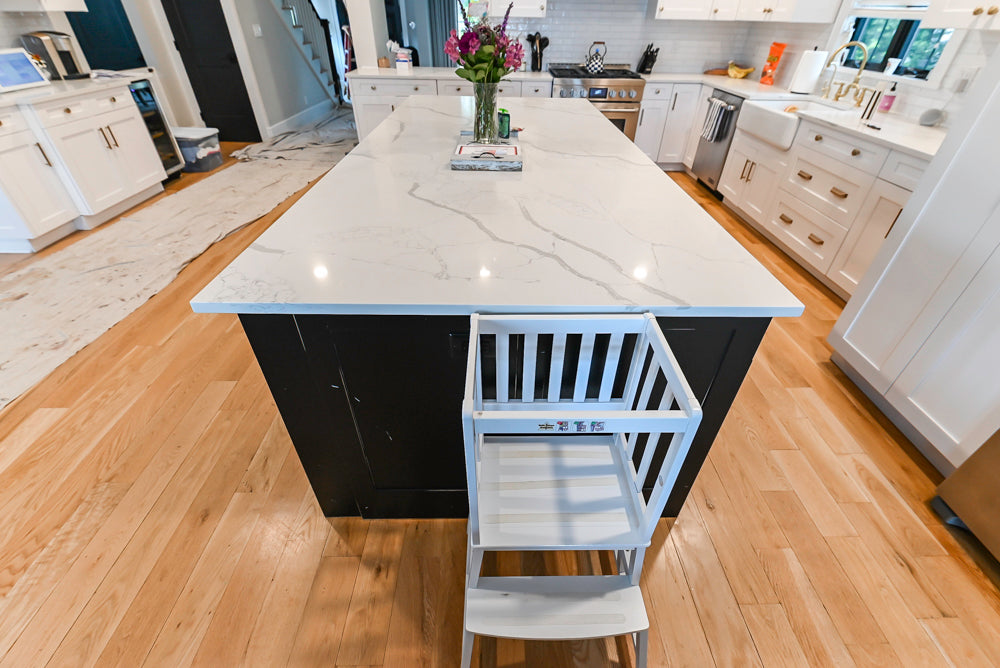 St. Martin Transitional White Kitchen with Island, White Quartz Countertops & JennAir Appliances