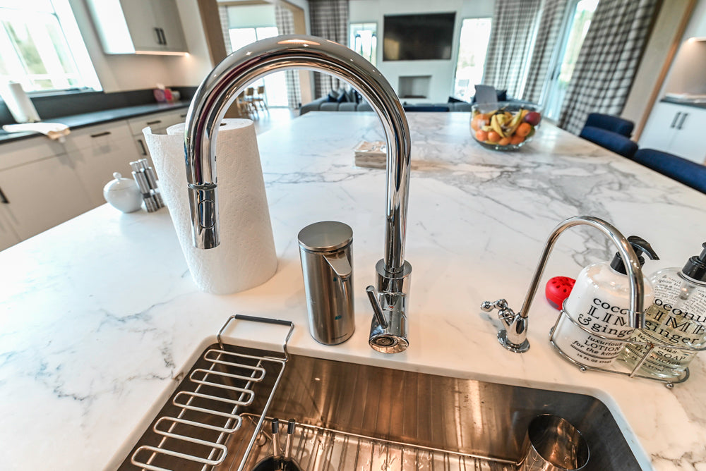Custom Modern Two-Tone Kitchen with Marble Top Island and Sub-Zero & Wolf Appliances