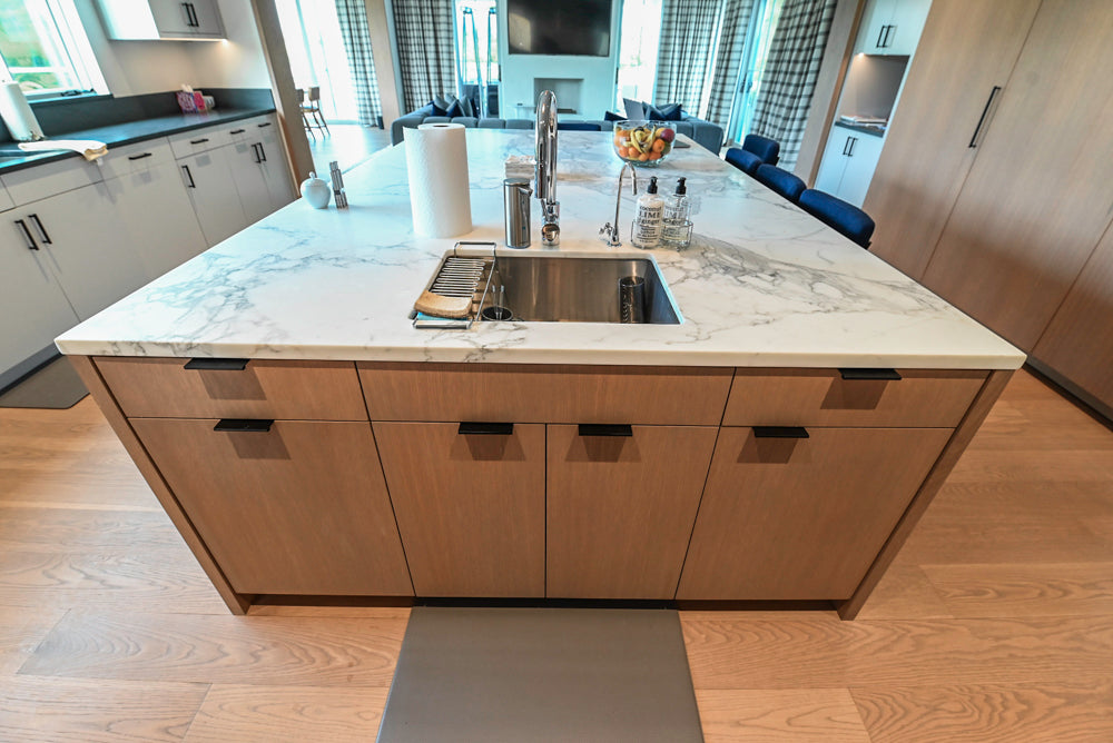 Custom Modern Two-Tone Kitchen with Marble Top Island and Sub-Zero & Wolf Appliances