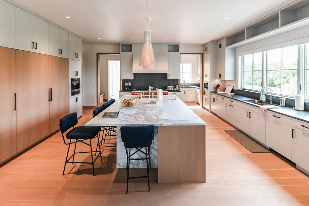 Custom Modern Two-Tone Kitchen with Marble Top Island and Sub-Zero & Wolf Appliances