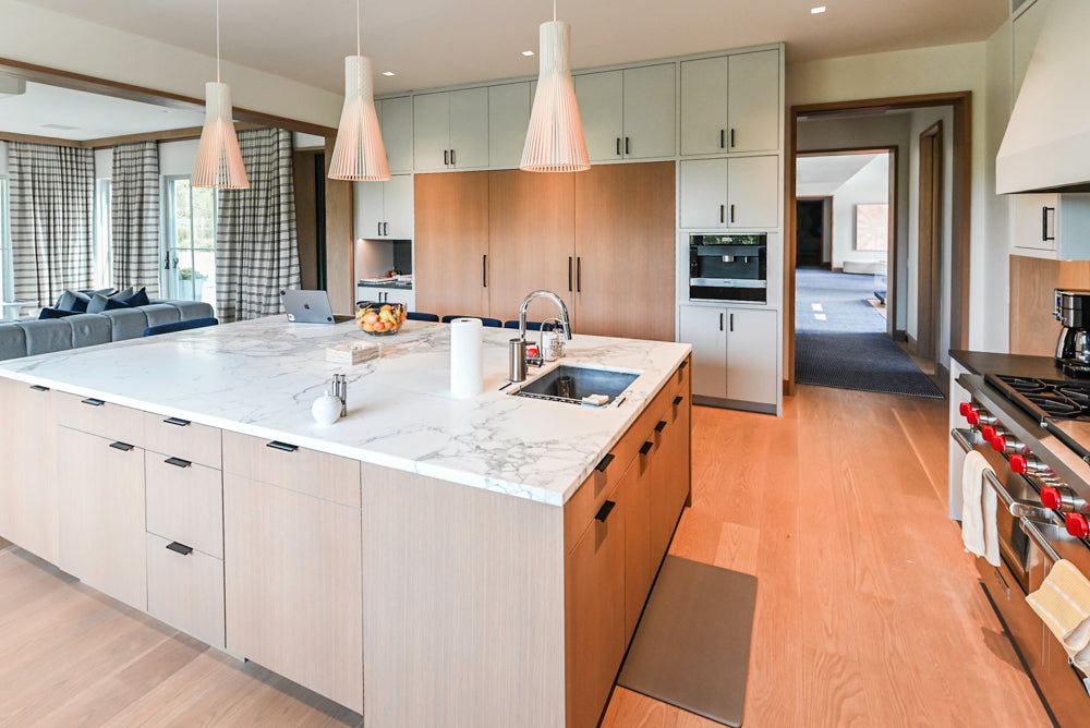 Custom Modern Two-Tone Kitchen with Marble Top Island and Sub-Zero & Wolf Appliances