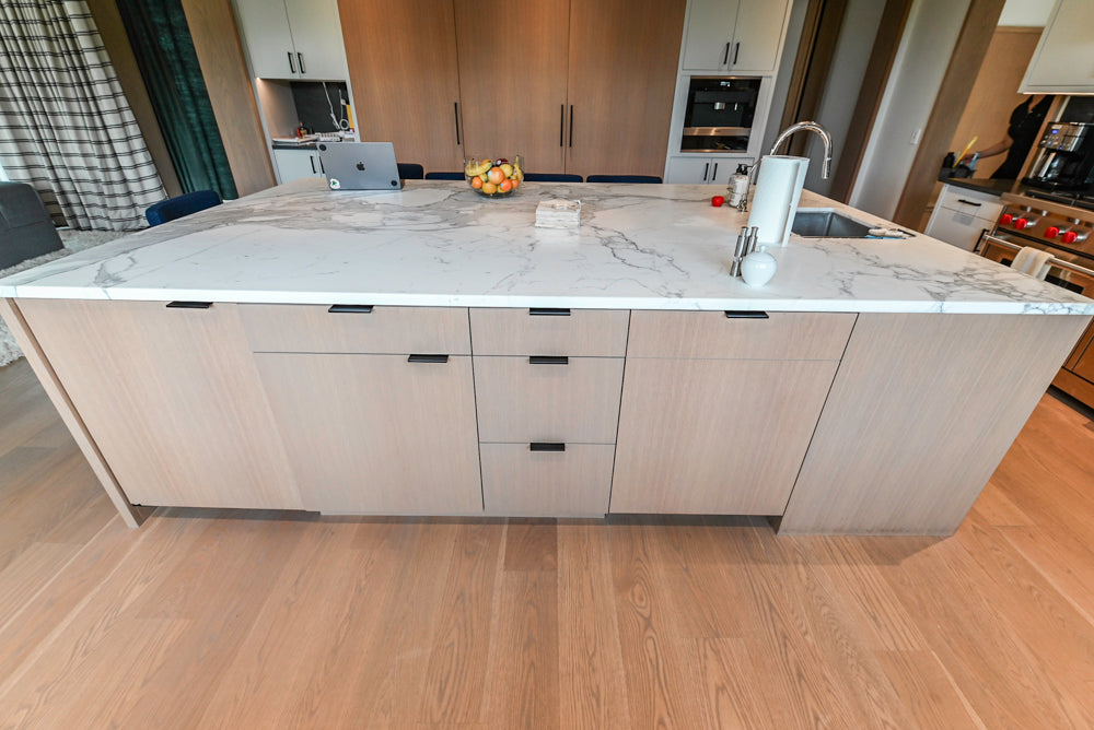 Custom Modern Two-Tone Kitchen with Marble Top Island and Sub-Zero & Wolf Appliances