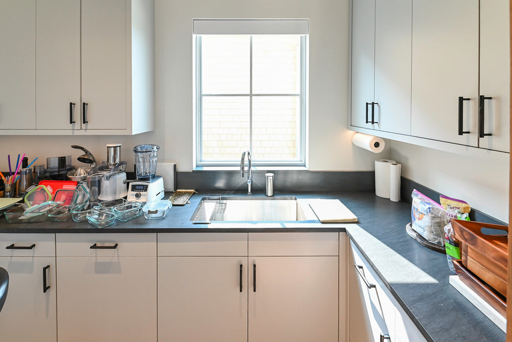 Custom Modern White Butler's Pantry with Stone Countertops & Sink