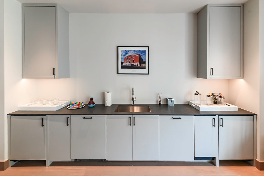 Custom Modern Light Grey Wet Bar with Black Stone Countertops & Appliances