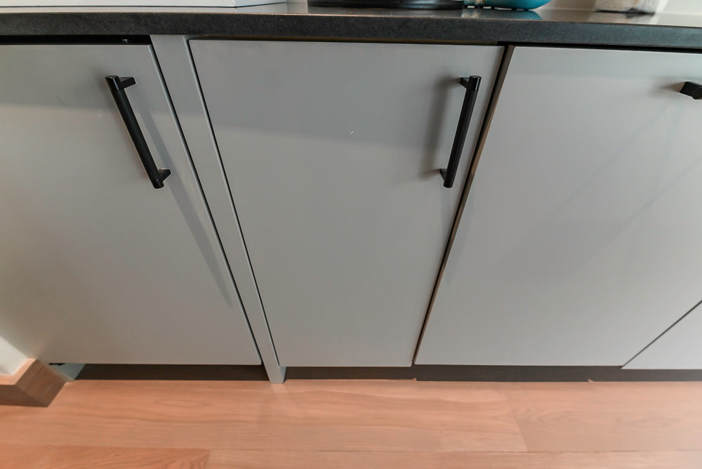 Custom Modern Light Grey Wet Bar with Black Stone Countertops & Appliances