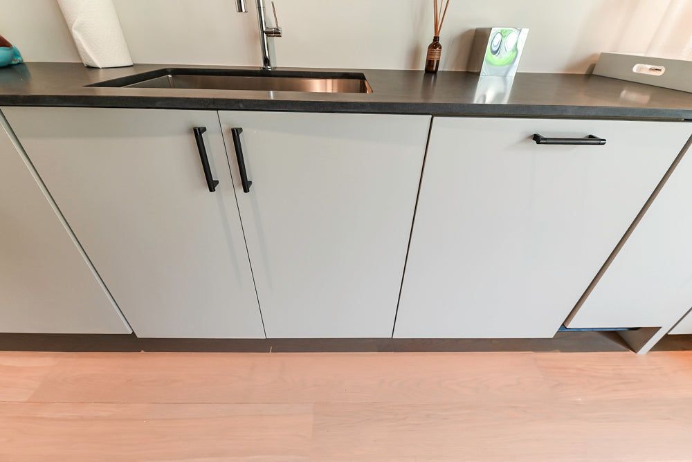 Custom Modern Light Grey Wet Bar with Black Stone Countertops & Appliances