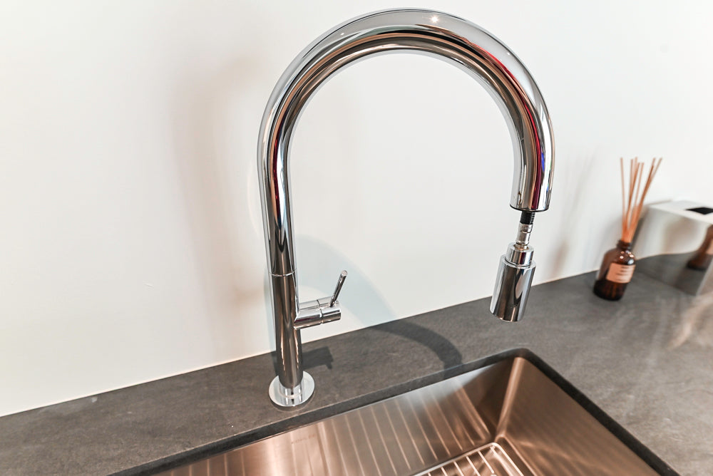 Custom Modern Light Grey Wet Bar with Black Stone Countertops & Appliances