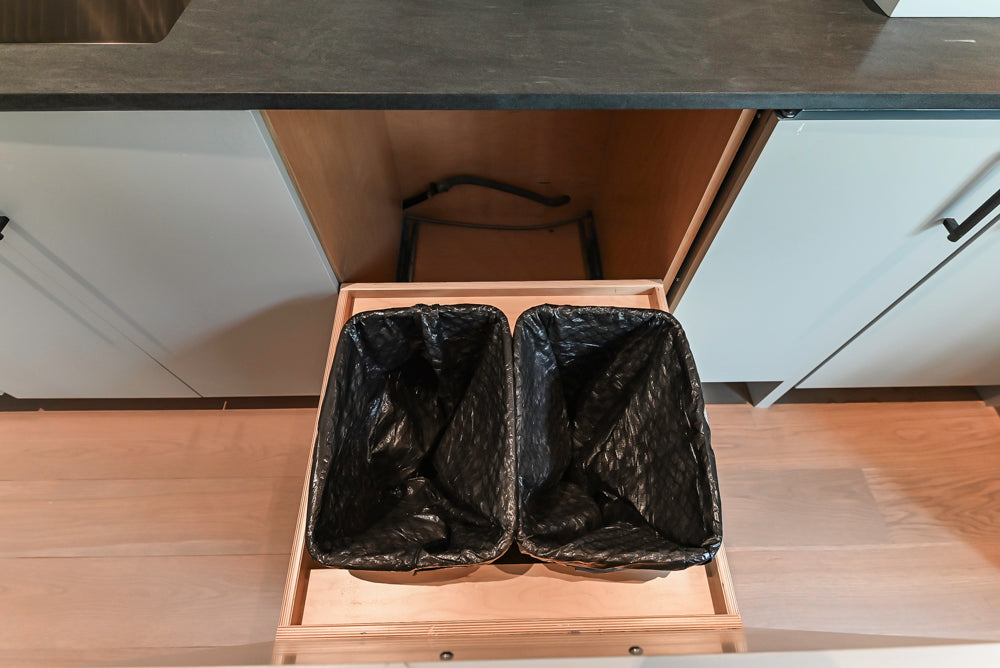 Custom Modern Light Grey Wet Bar with Black Stone Countertops & Appliances