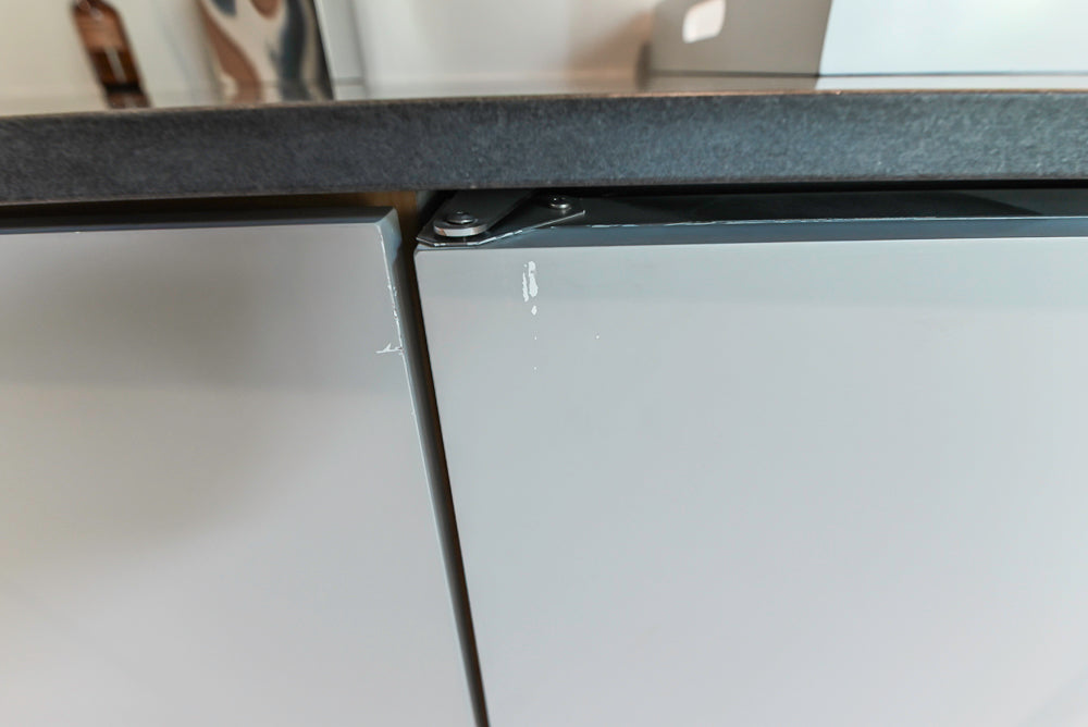 Custom Modern Light Grey Wet Bar with Black Stone Countertops & Appliances