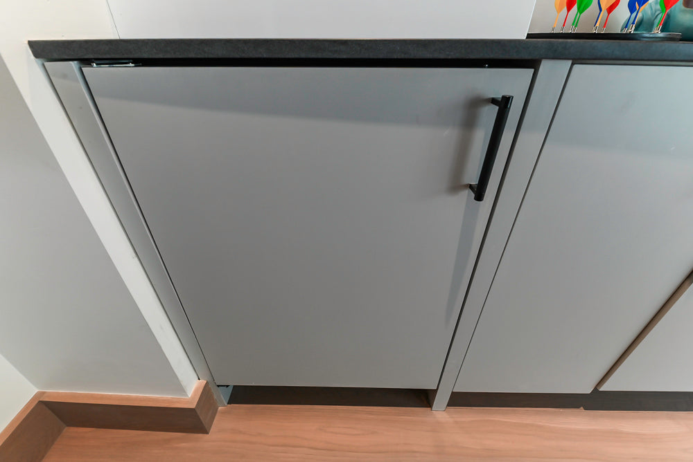 Custom Modern Light Grey Wet Bar with Black Stone Countertops & Appliances