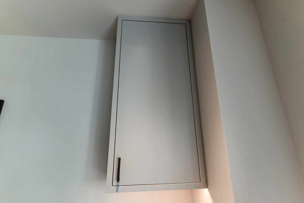 Custom Modern Light Grey Wet Bar with Black Stone Countertops & Appliances