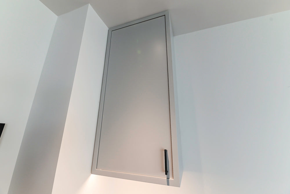 Custom Modern Light Grey Wet Bar with Black Stone Countertops & Appliances