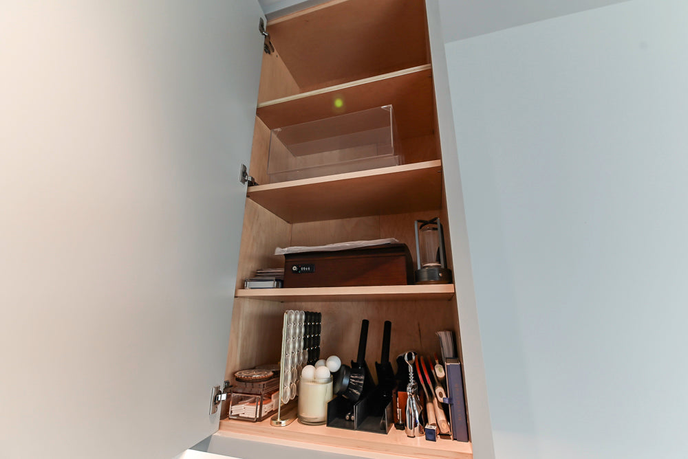 Custom Modern Light Grey Wet Bar with Black Stone Countertops & Appliances