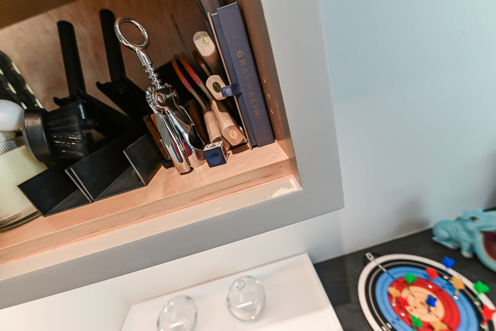 Custom Modern Light Grey Wet Bar with Black Stone Countertops & Appliances