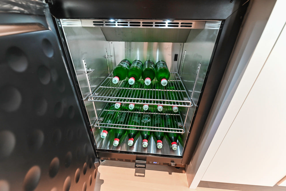 Custom Modern Light Grey Wet Bar with Black Stone Countertops & Appliances