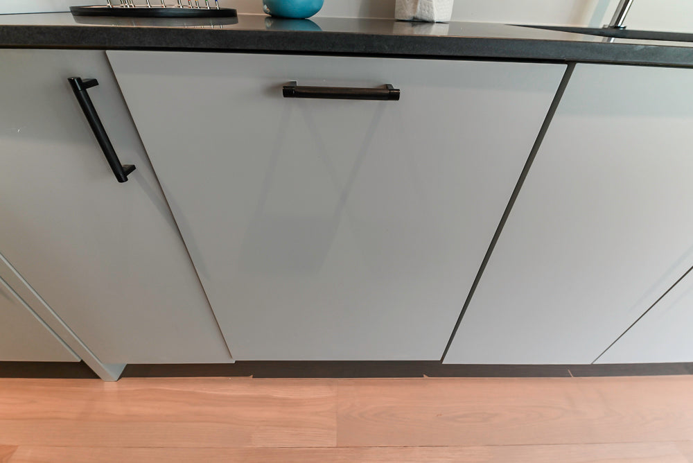 Custom Modern Light Grey Wet Bar with Black Stone Countertops & Appliances