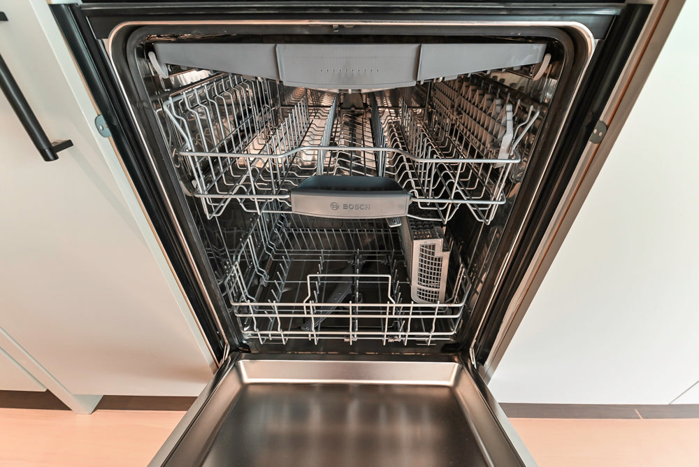 Custom Modern Light Grey Wet Bar with Black Stone Countertops & Appliances