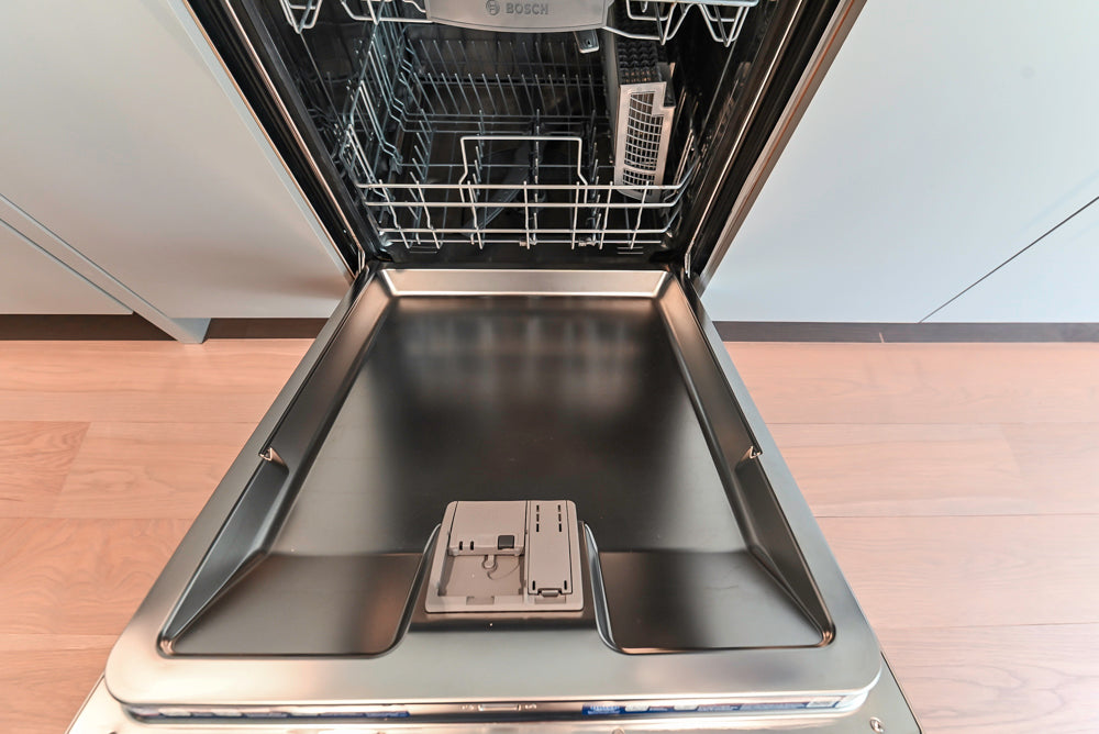 Custom Modern Light Grey Wet Bar with Black Stone Countertops & Appliances